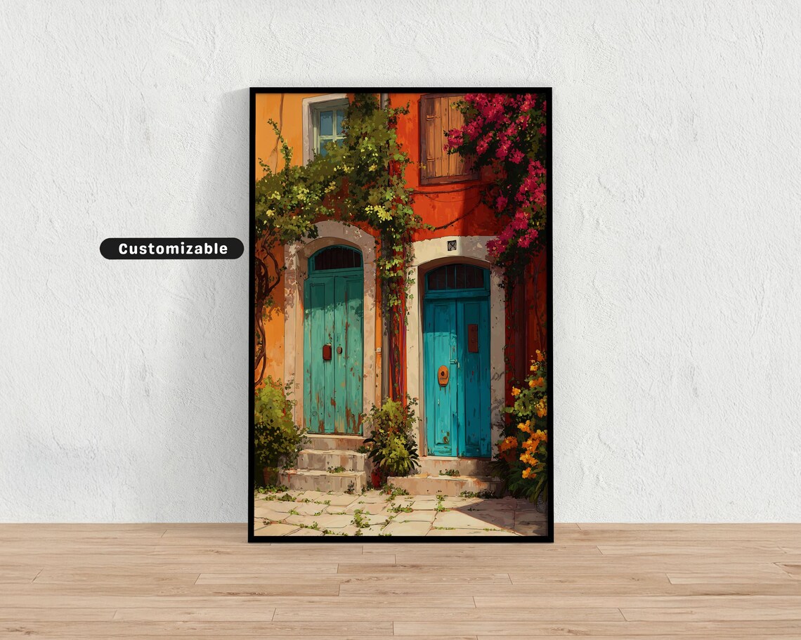 Mediterranean Teal Doors Bougainvillea Vintage Travel Doorway Poster