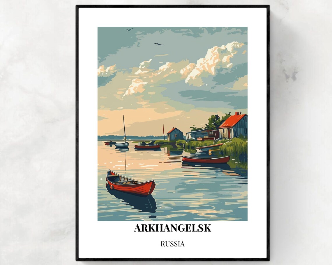 Arkhangelsk Russia Riverside Boats Fishing Village Harbor Poster