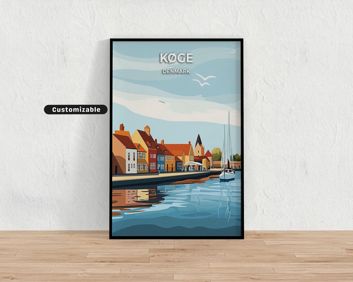 Koge Denmark Harbor Colorful Houses Sailboat Morning Travel Poster