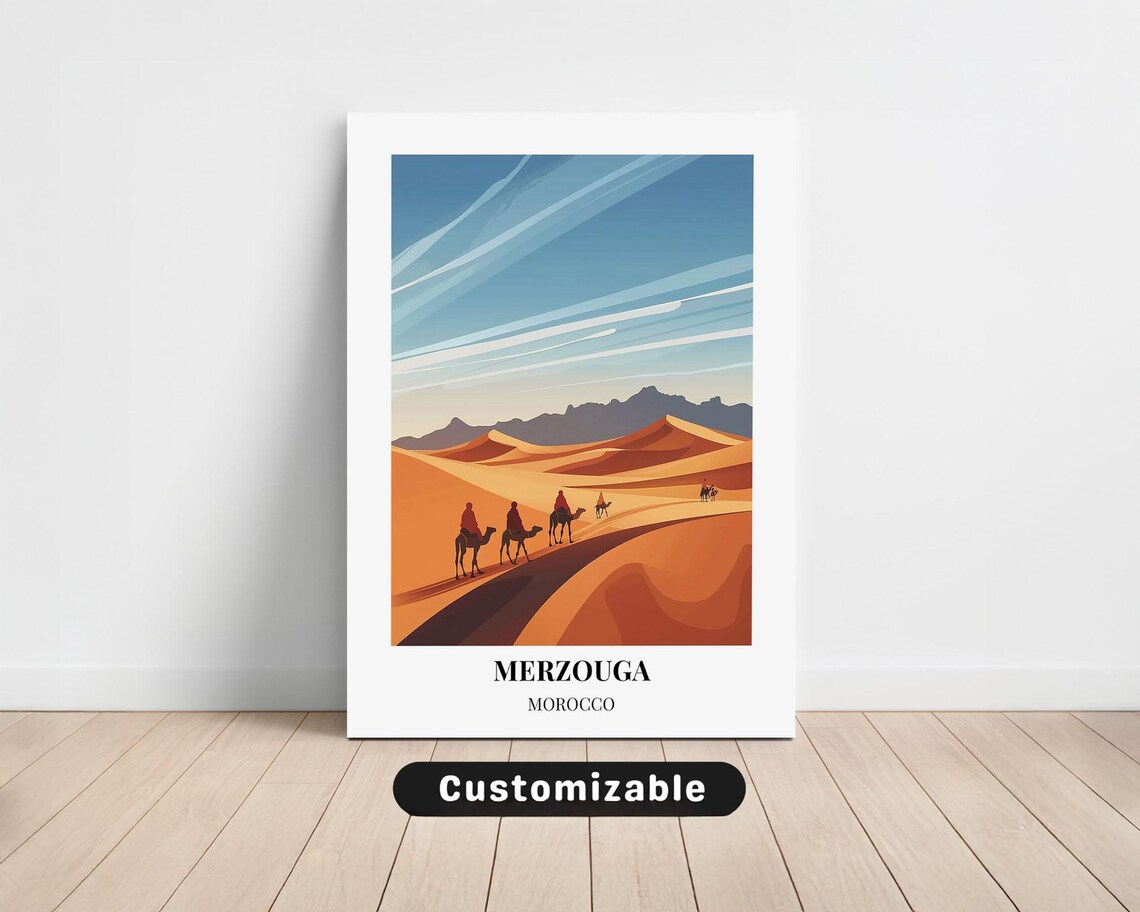 Merzouga Morocco Sahara Desert Camel Caravan Dunes Travel Poster