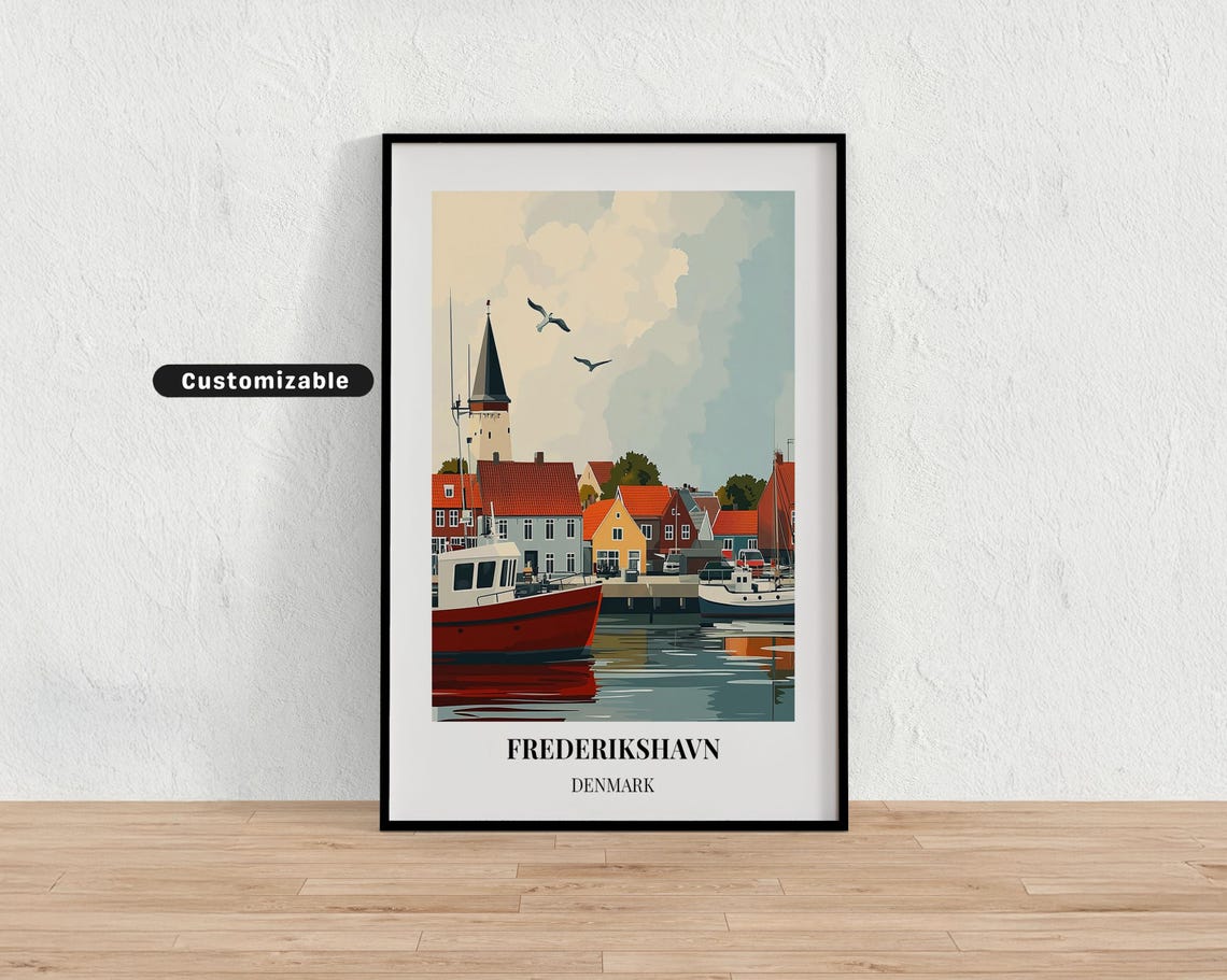 Frederikshavn Denmark Harbor Church Red Boats Waterfront Poster