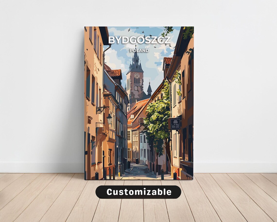 Bydgoszcz Poland Old Town Street Church Tower Vintage Travel Poster