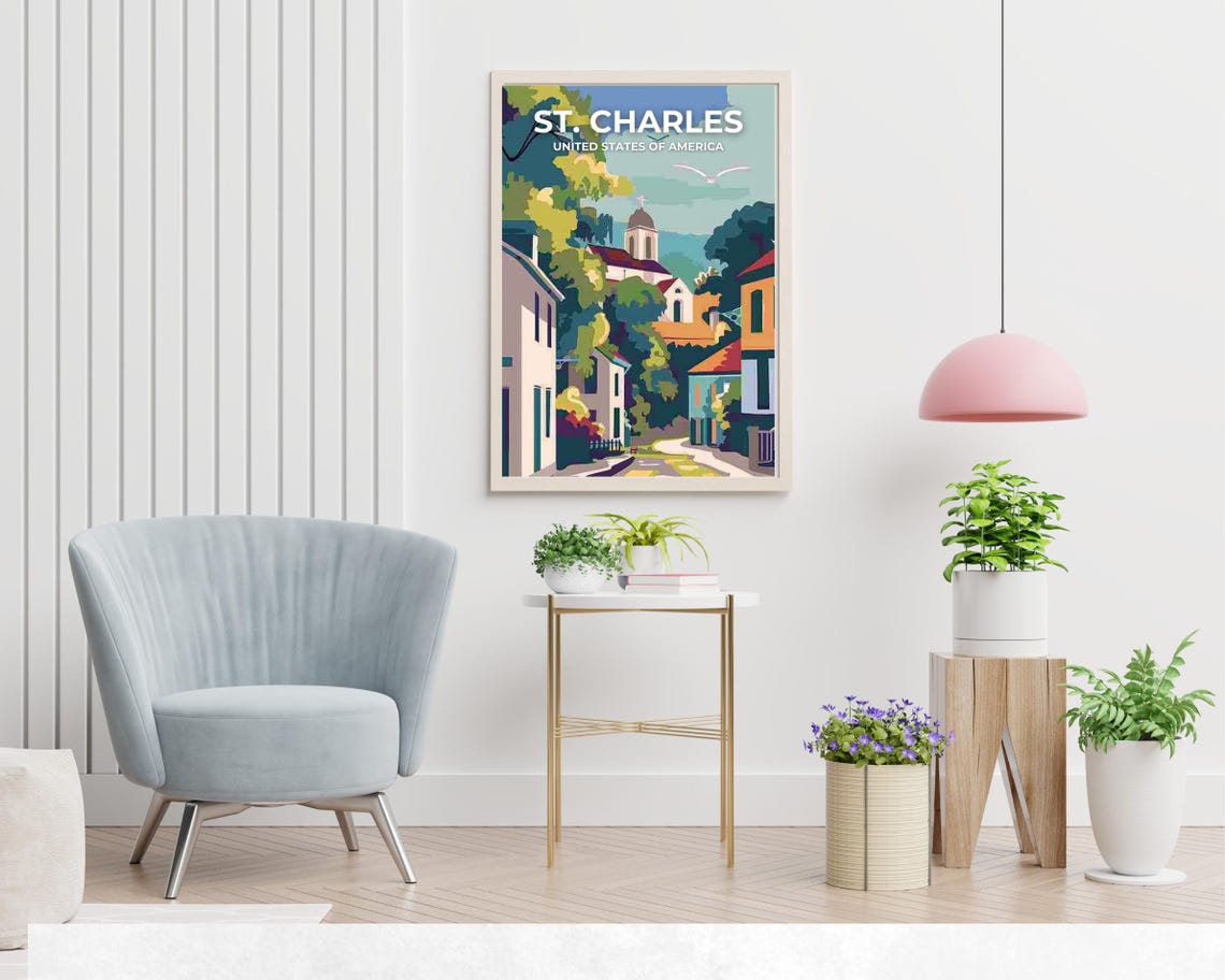 St Charles USA Charming Old Town Church Trees Lane Scene Art Poster - Image 2