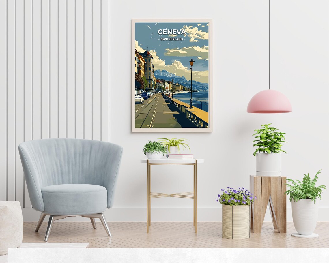 Geneva Switzerland Lakeside Promenade Daytime City Travel Poster - Image 2
