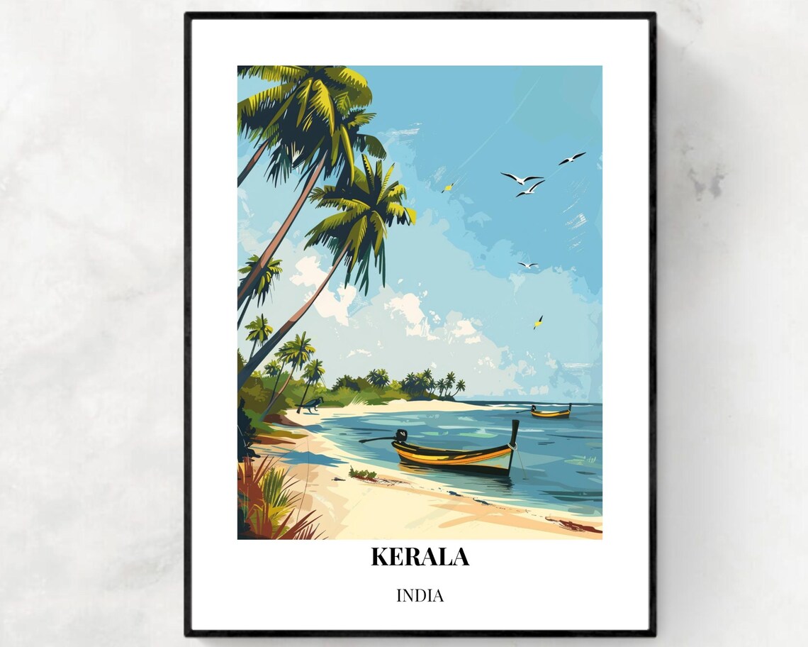 Kerala India Palm Beach Wooden Boats Turquoise Water Travel Poster
