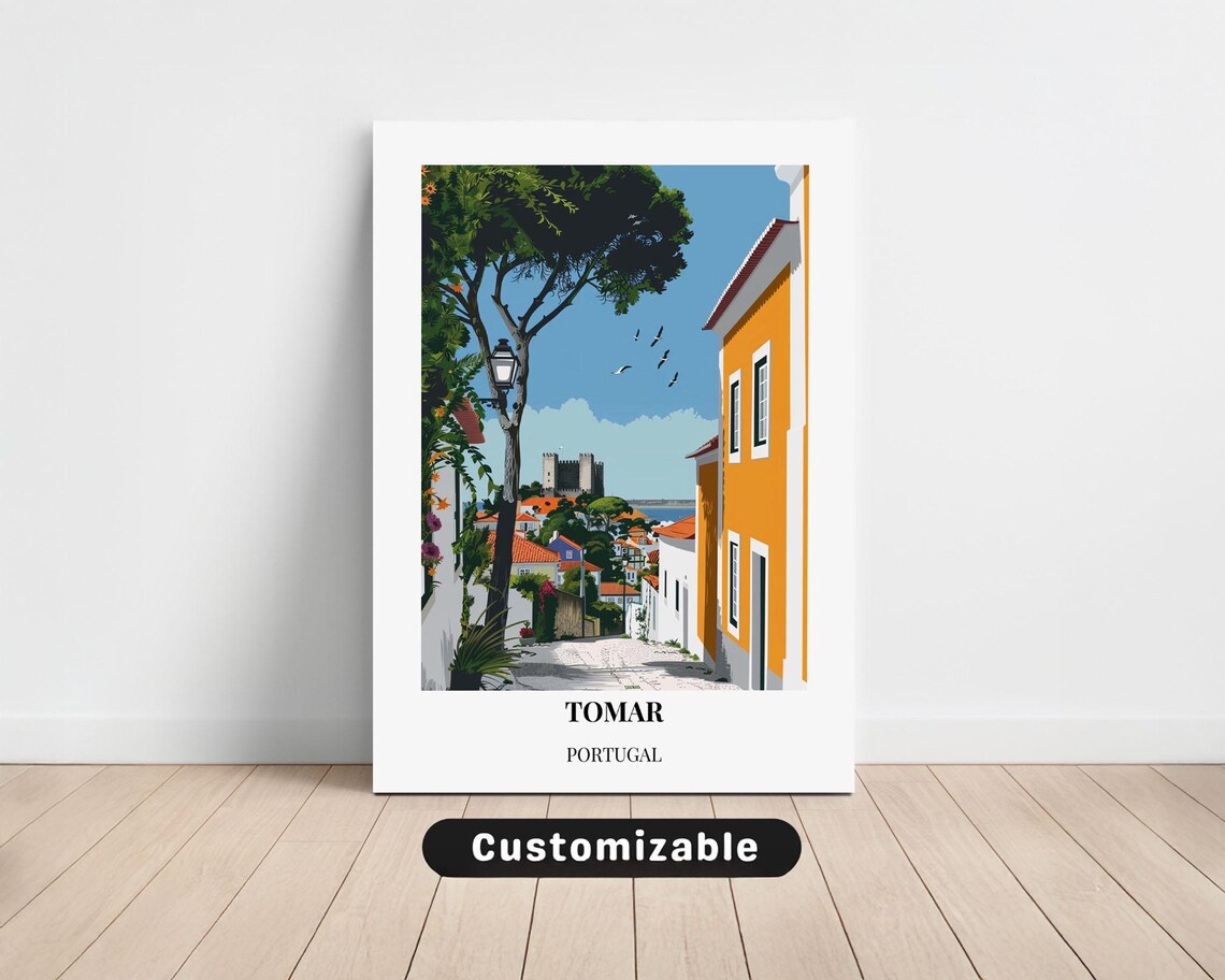 Tomar Portugal Sunny Cobblestone Street Castle Hill Travel Poster