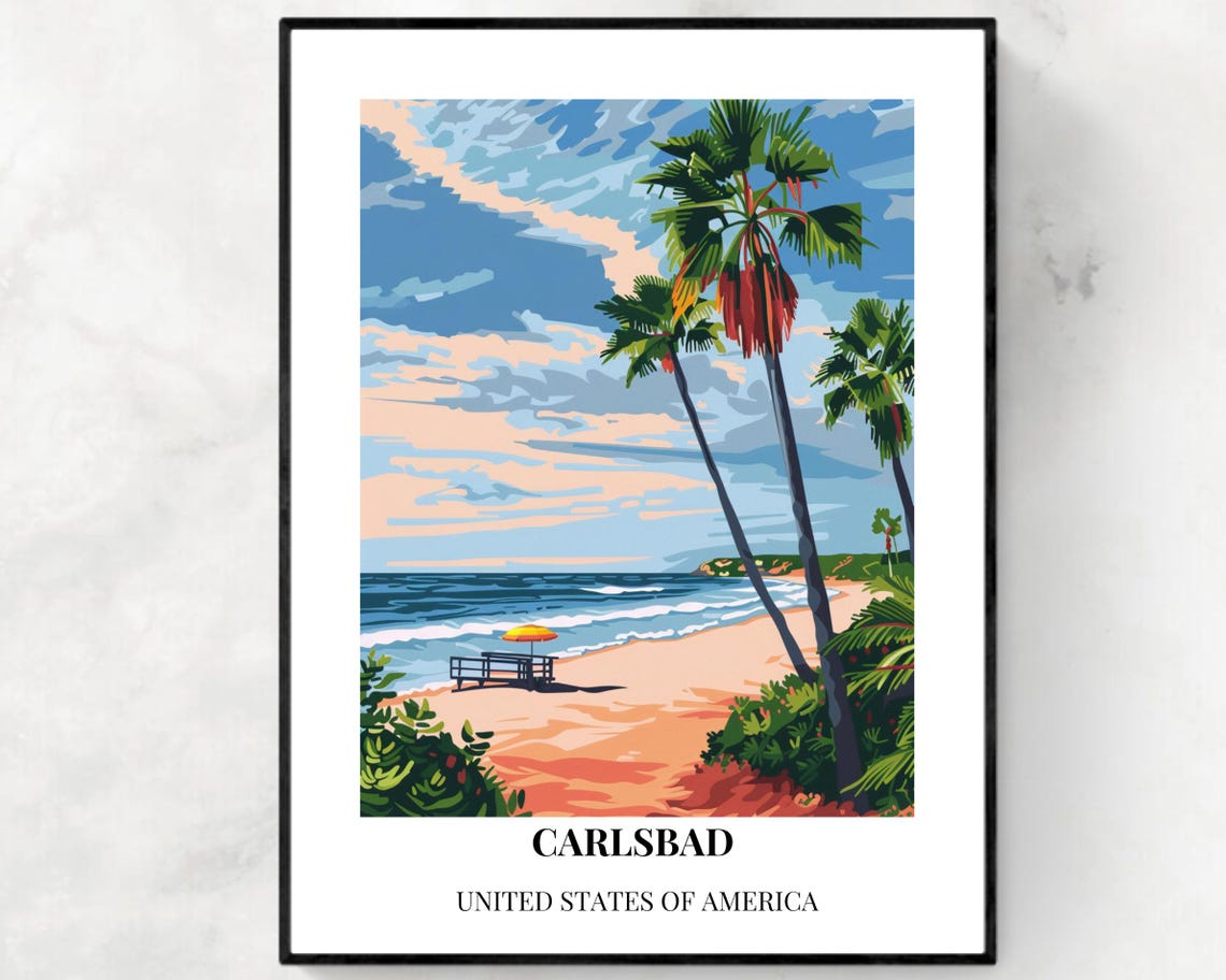 Carlsbad California Beach Palm Trees Sunset Style Travel Poster