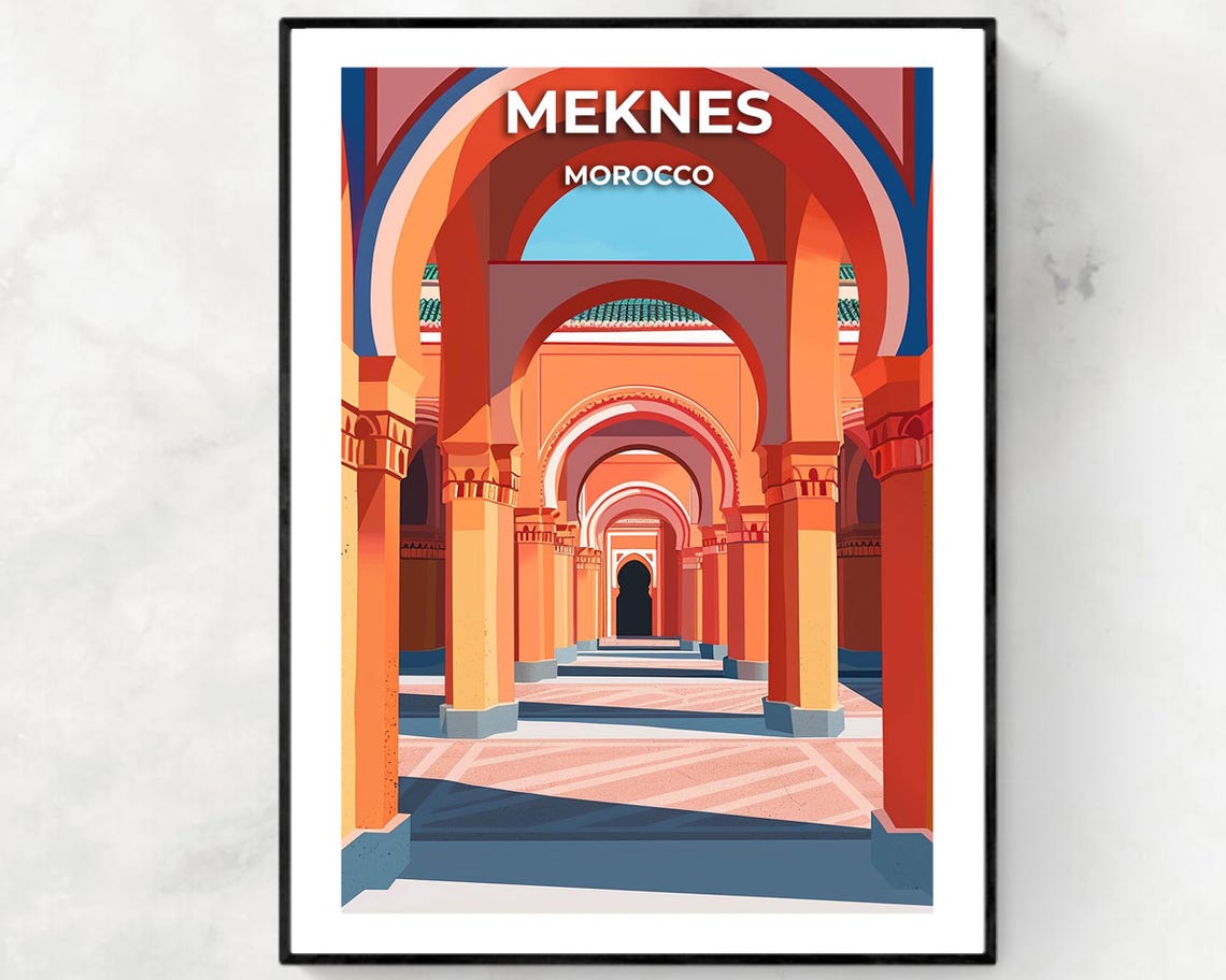 Meknes Morocco Moorish Arches White Title Architectural Travel Poster