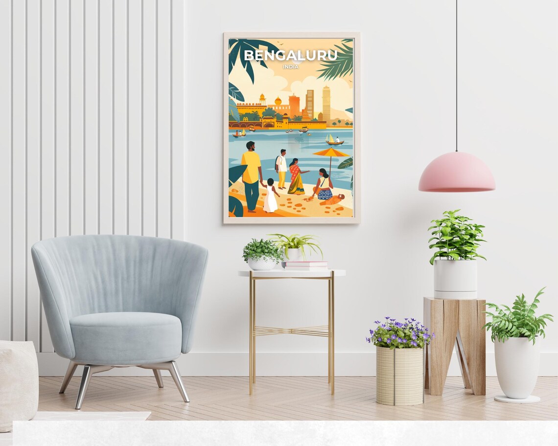 Bengaluru India Lakeside Family Boats City Skyline Travel Poster - Image 2