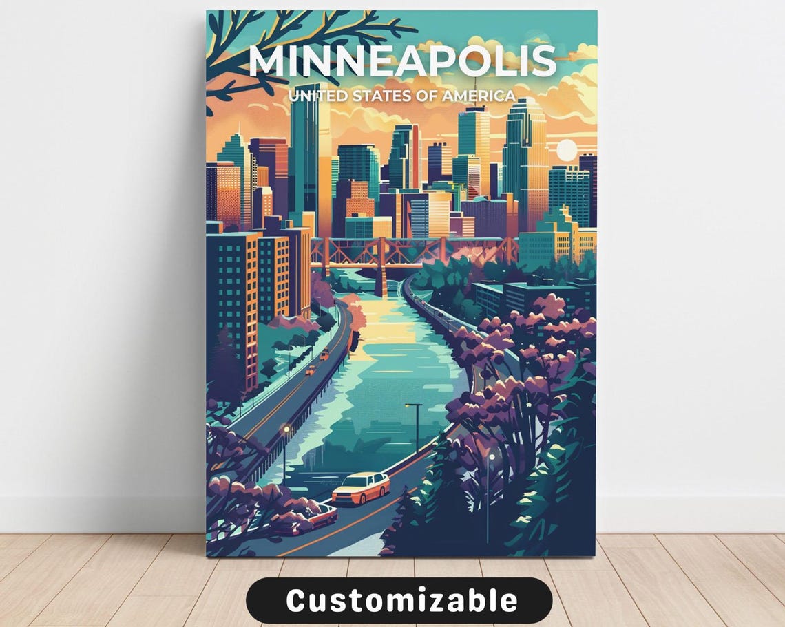 Minneapolis USA Skyline River Bridge Golden Sunset Travel Poster