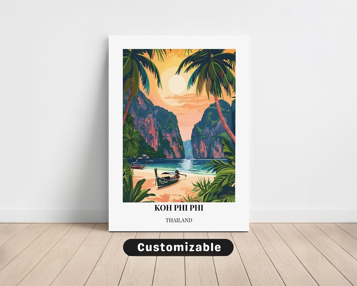 Koh Phi Phi Thailand Sunset Beach Longtail Boat Tropical Travel Poster