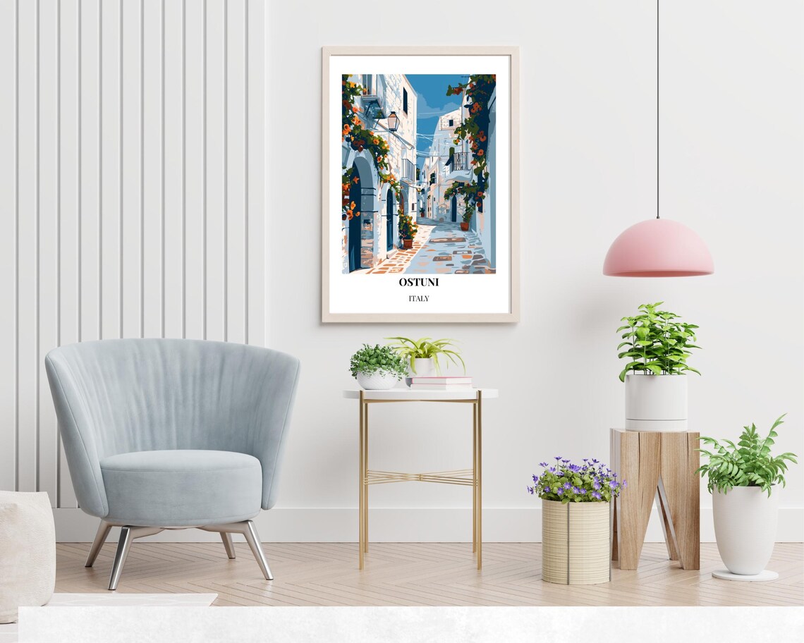 Ostuni Italy White Town Flower Covered Old Alley Travel Poster - Image 2