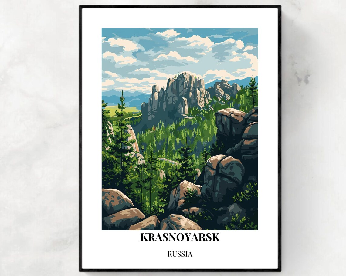 Krasnoyarsk Russia Rocky Peak Forest Valley Daytime Travel Poster