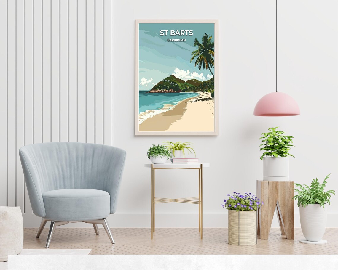 St Barts Caribbean Curved Beach Bay Hillside Villas Tropical Poster - Image 2