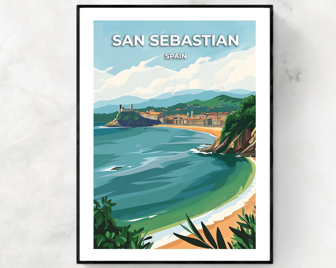 San Sebastian Spain La Concha Bay Beach Coastline Travel Poster