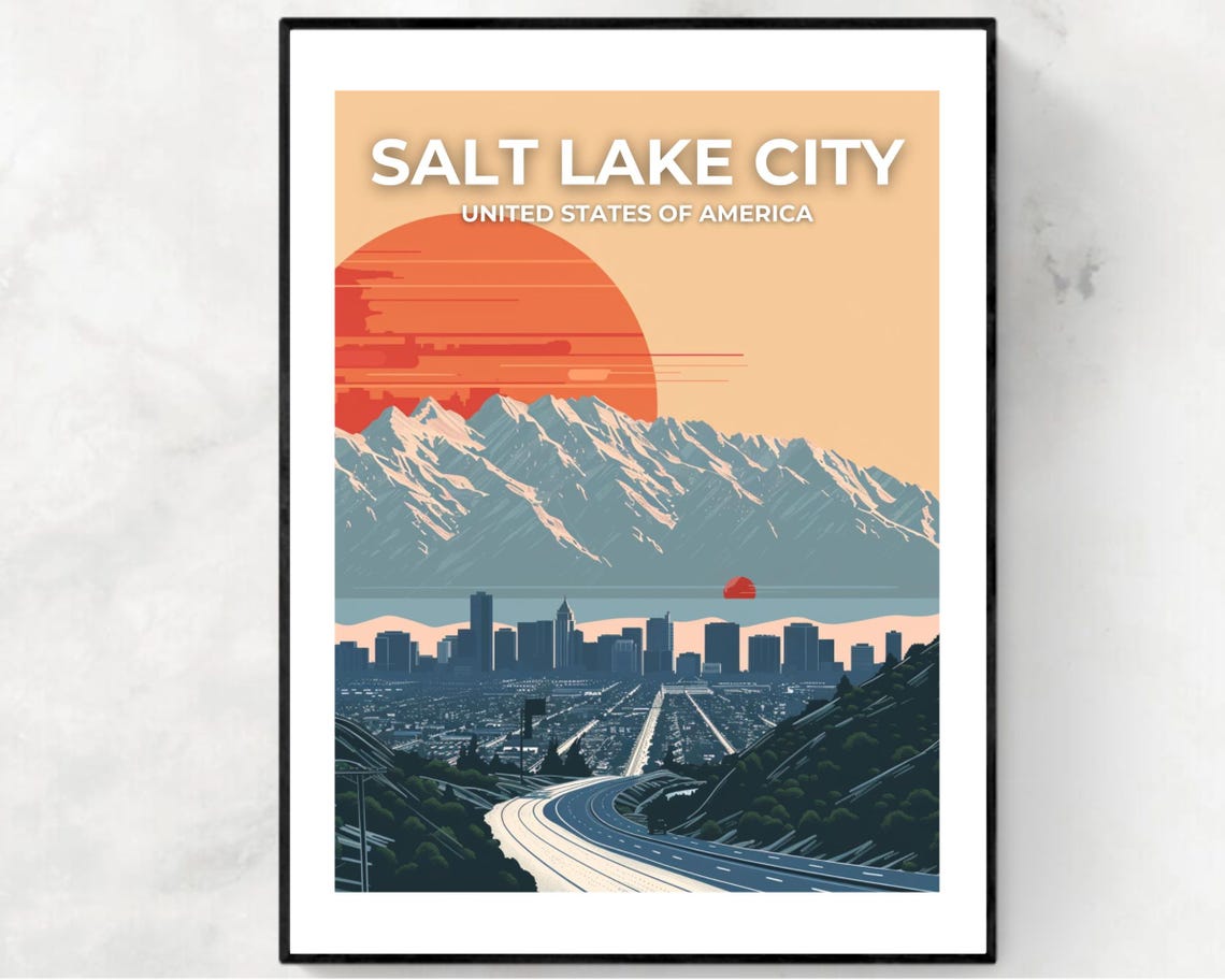 Salt Lake City Utah Mountain Sunset Skyline Road Top Title Poster