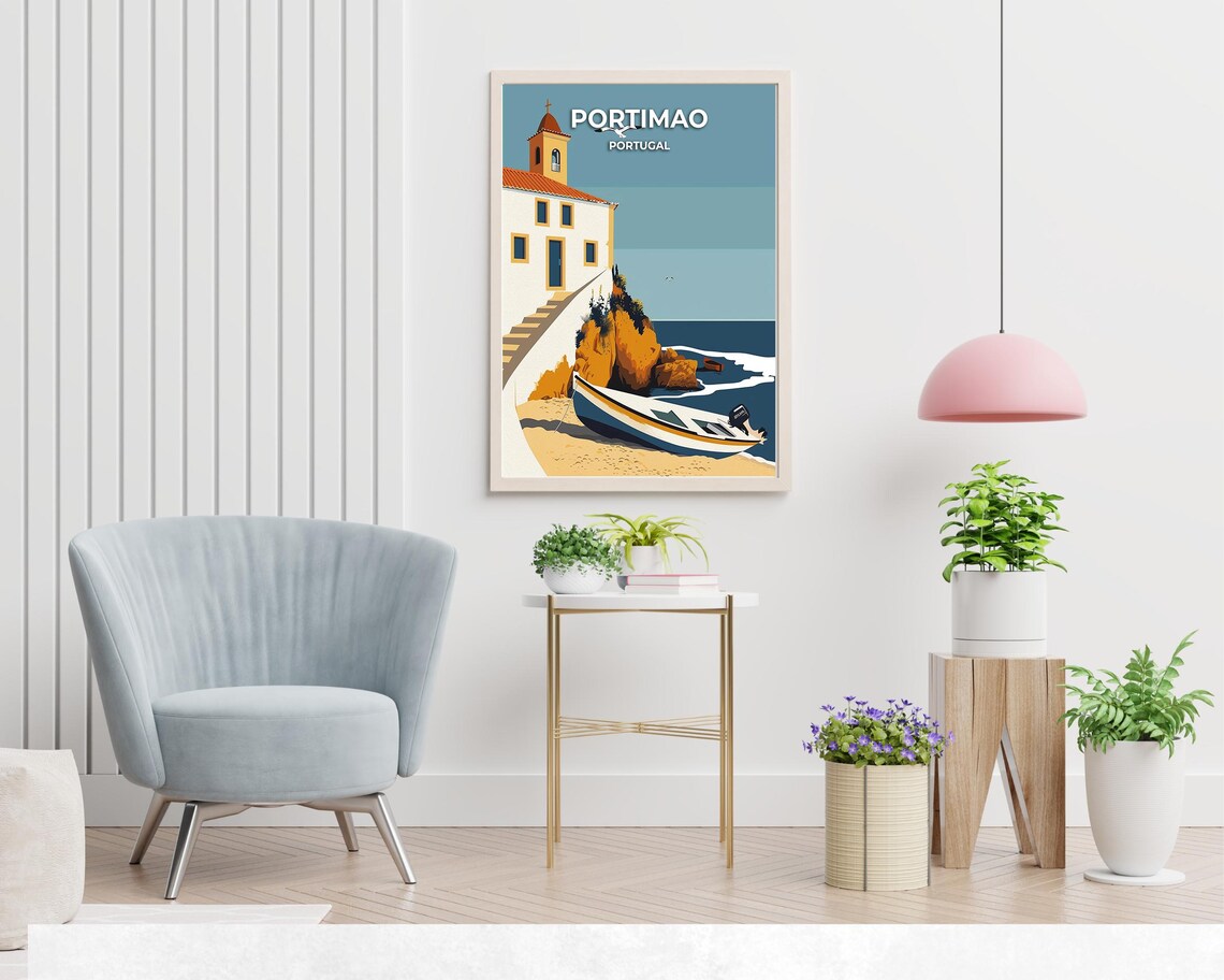Portimao Portugal Cliffside Church Fishing Boat Beach Poster - Image 2