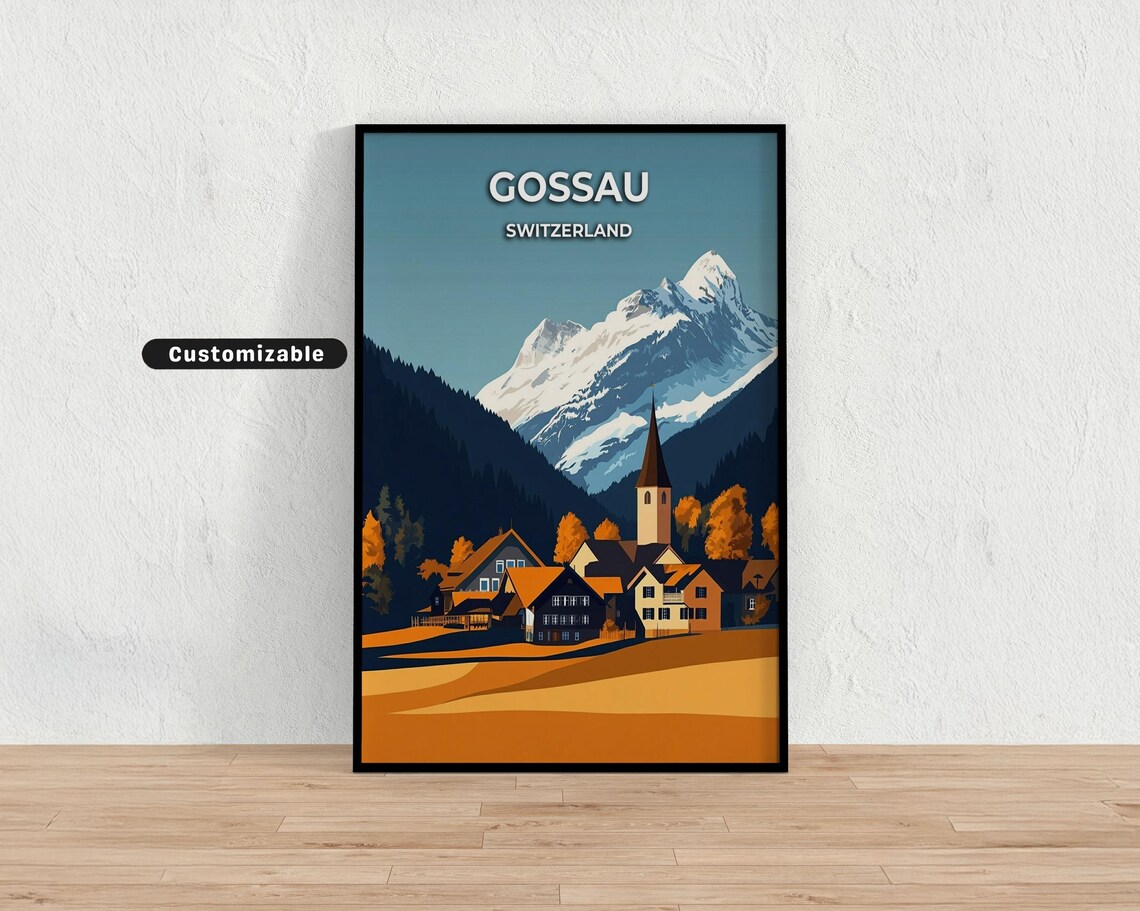 Gossau Switzerland Autumn Village Church Snow Peak Vintage Art Poster