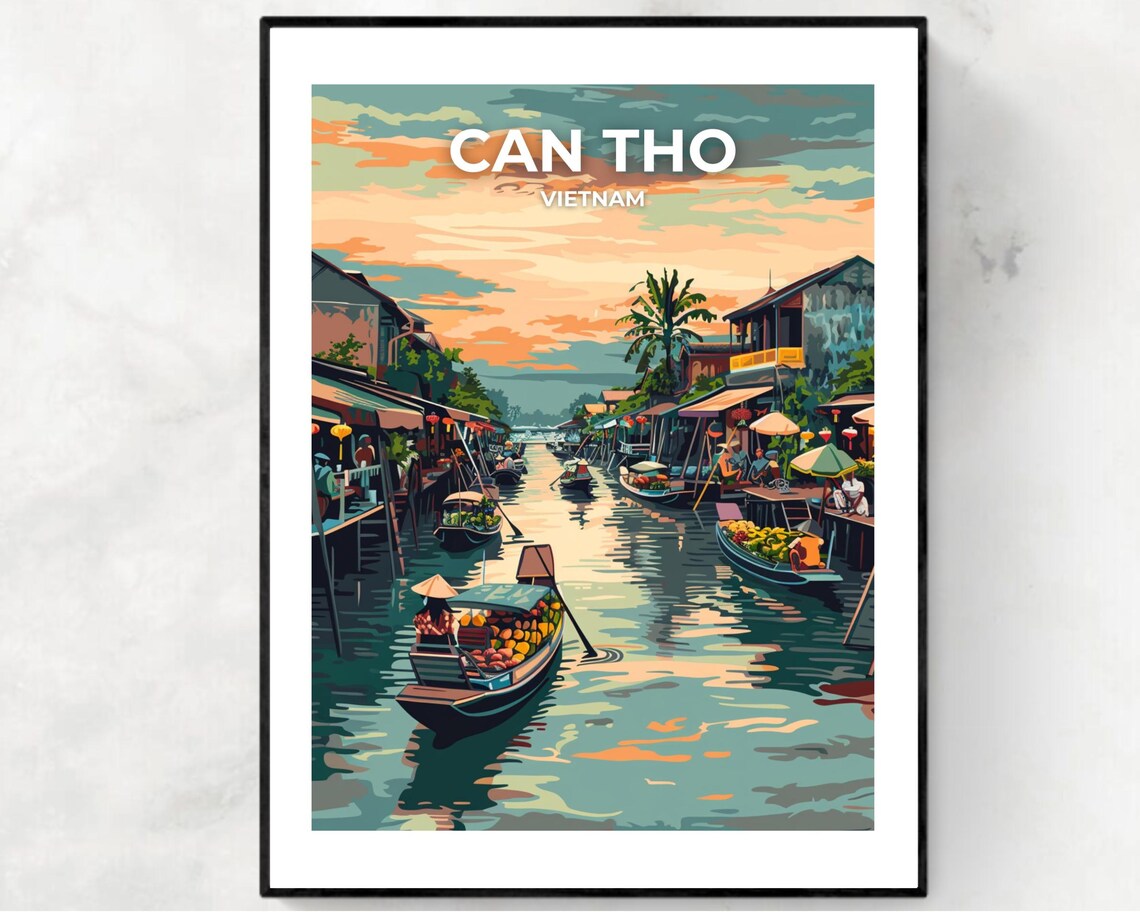 Can Tho Vietnam Floating Market Sunset Canal Boats Scene Travel Poster