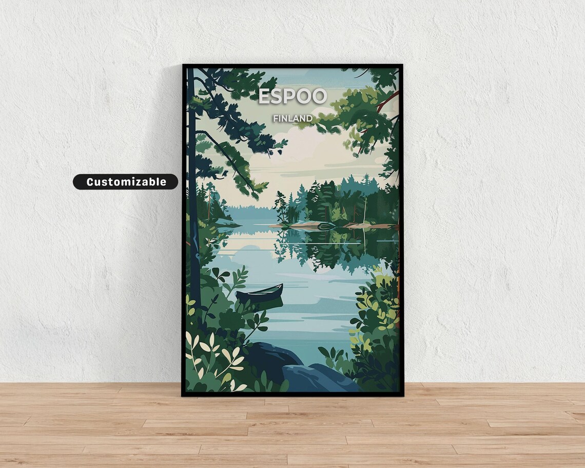Espoo Finland Travel Art Calm Lake Canoe Pines Vintage Nordic Print