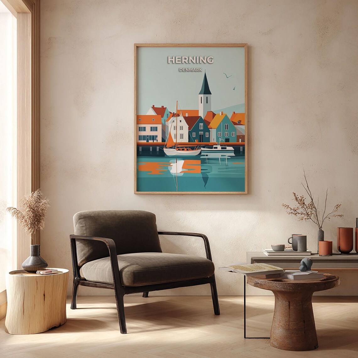 Herning Denmark Harbor Boats Church Tower Calm Sea Travel Poster