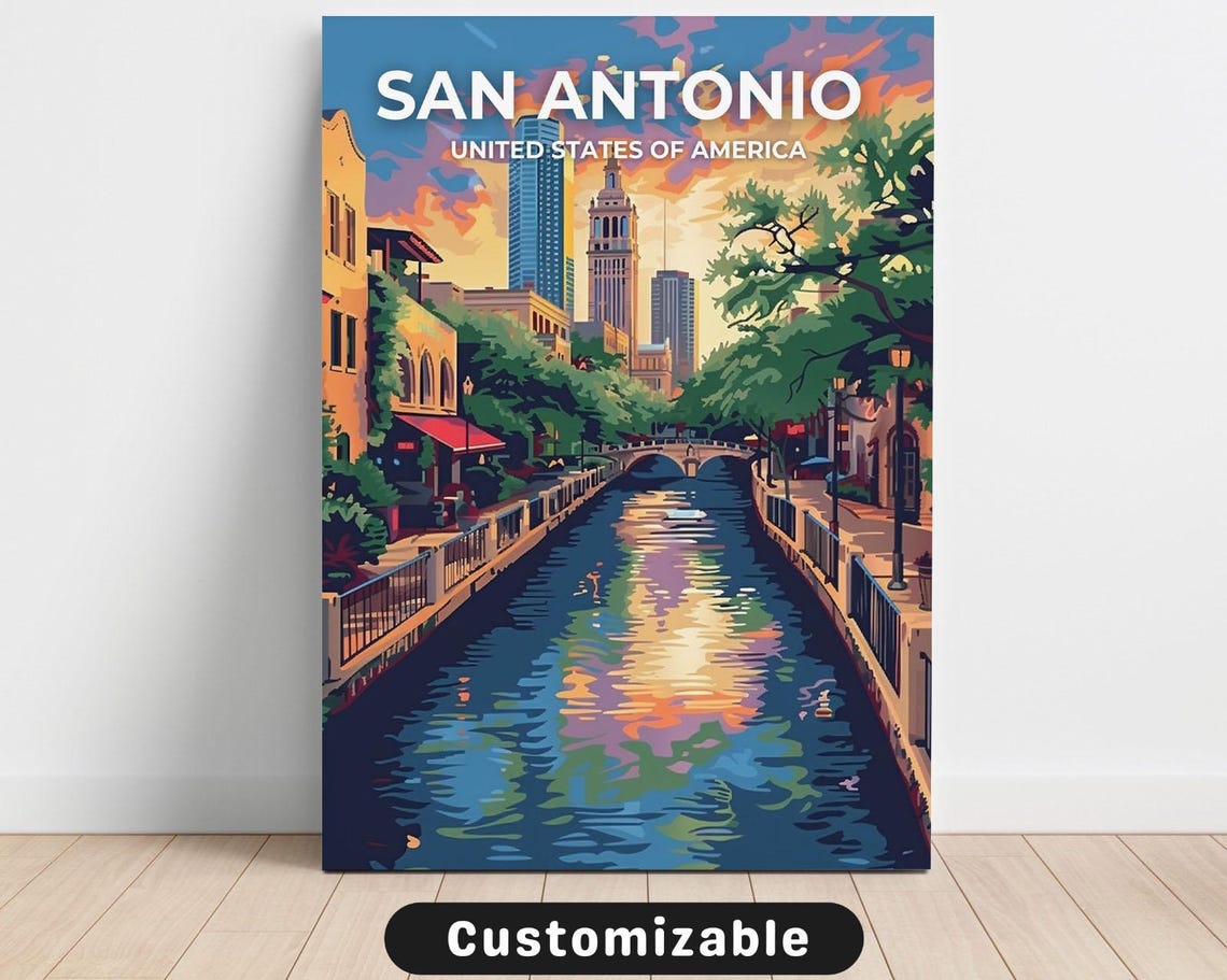 San Antonio Texas River Walk Sunset Downtown Travel Poster Artwork