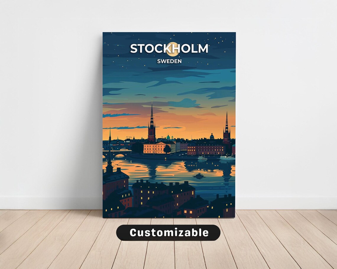 Stockholm Sweden Moonlit Night Skyline Customizable Travel Poster
