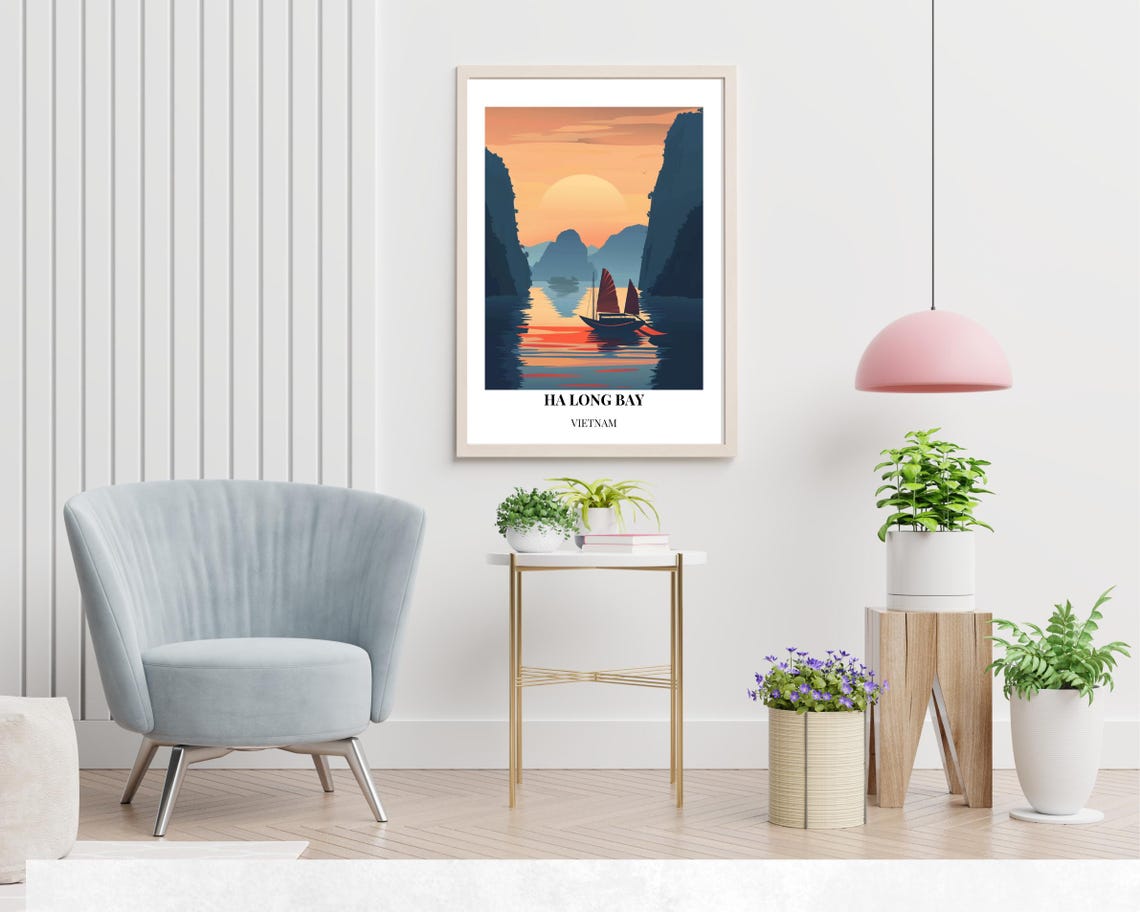 Ha Long Bay Vietnam Golden Sunset Sailboat Calm Water Poster - Image 2