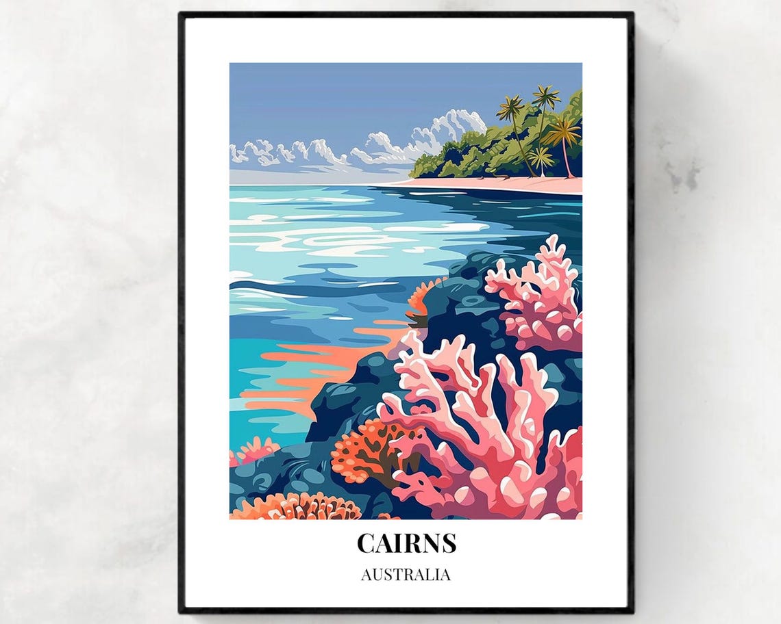 Cairns Australia Pink Coral Reef Ocean Daytime Waves Art Poster