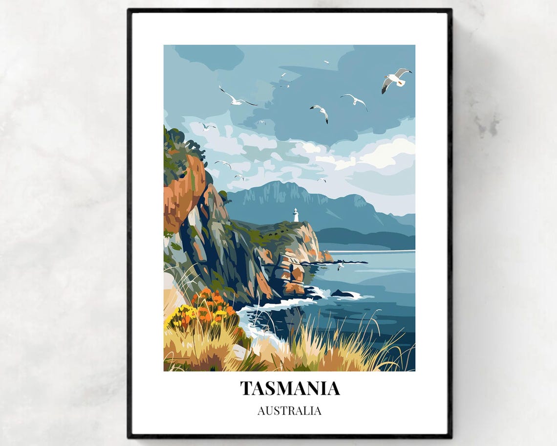 Tasmania Australia Lighthouse Sea Cliffs Seabirds Ocean Poster