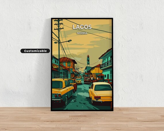 Lagos Nigeria Bustling Street Yellow Taxis Vintage Travel Poster