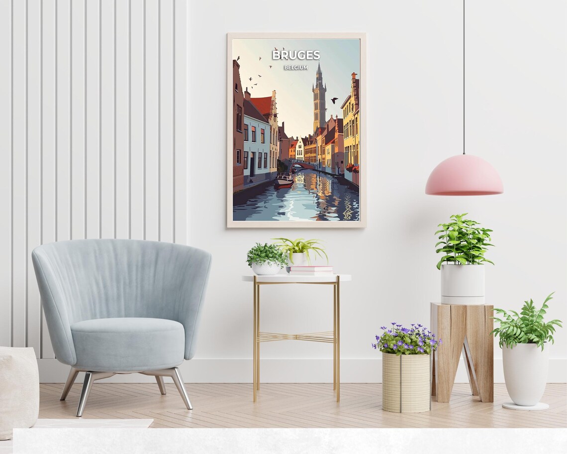 Bruges Belgium Canal with Belfry at Golden Hour Retro Travel Poster - Image 2