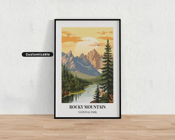 Rocky Mountain National Park Sunrise Peaks Lake Vintage Travel Poster
