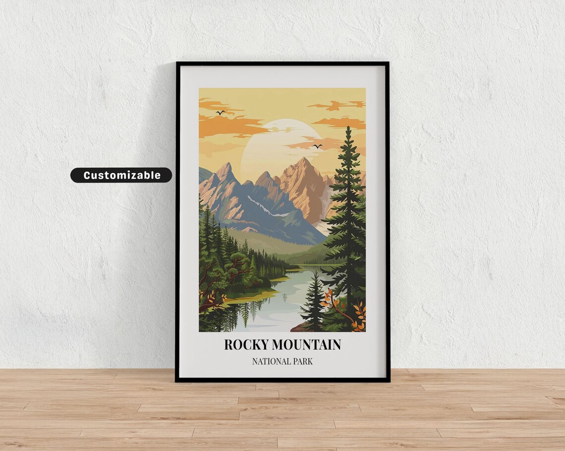 Rocky Mountain National Park Sunrise Peaks Lake Vintage Travel Poster
