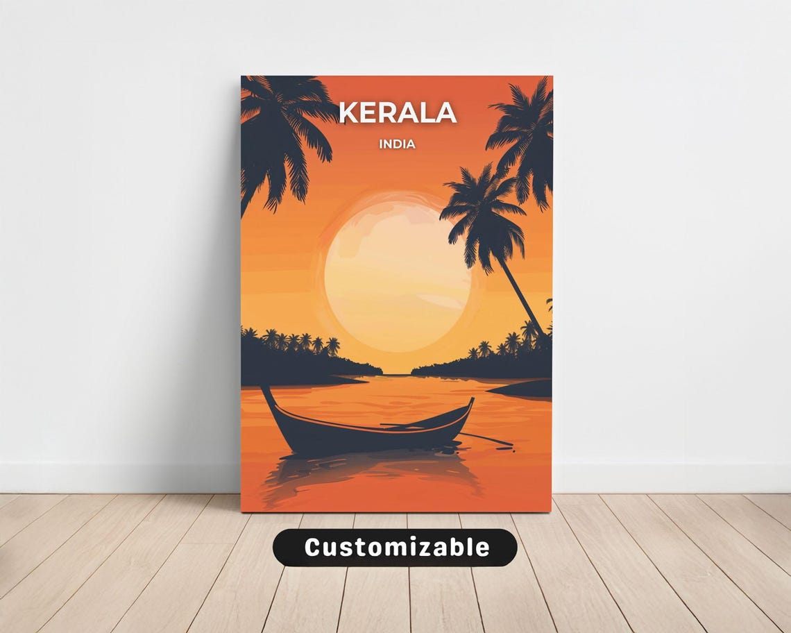 Kerala India Travel Poster Sunset Canoe Palm Trees Tropical Glow