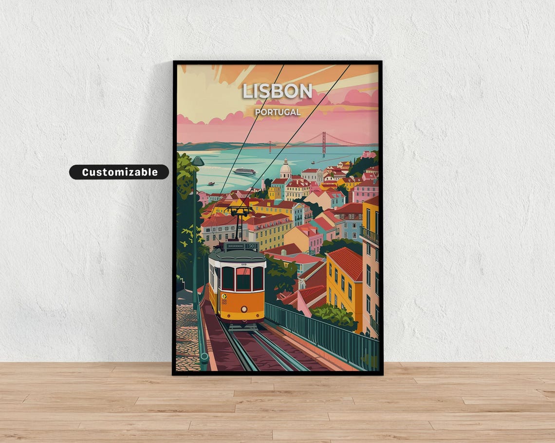 Lisbon Portugal Yellow Tram Hillside City View Sunset Travel Poster