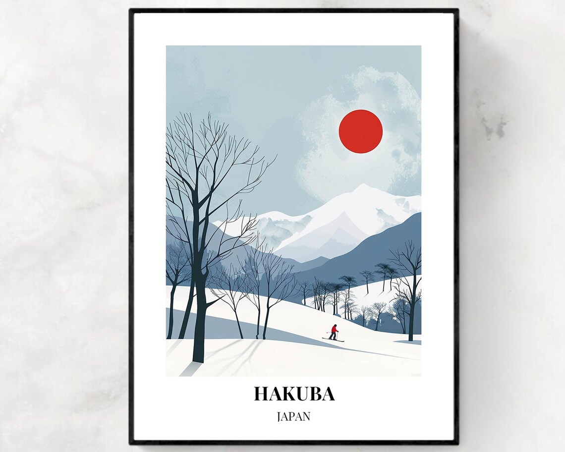Hakuba Japan Skier Snowy Slopes Minimalist Retro Travel Poster