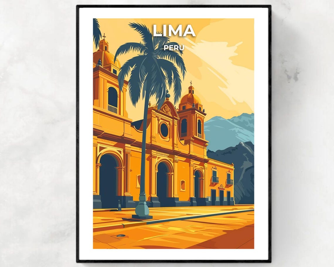 Golden Sunset Over Historic Lima Cathedral And Palm Tree Poster
