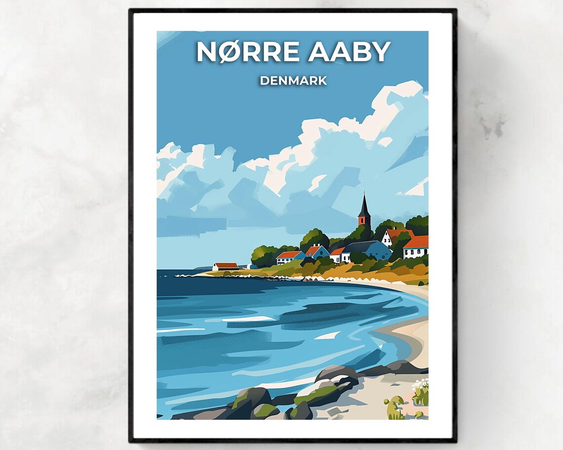 Norre Aaby Denmark Coastal Village Beach Scene Retro Travel Poster