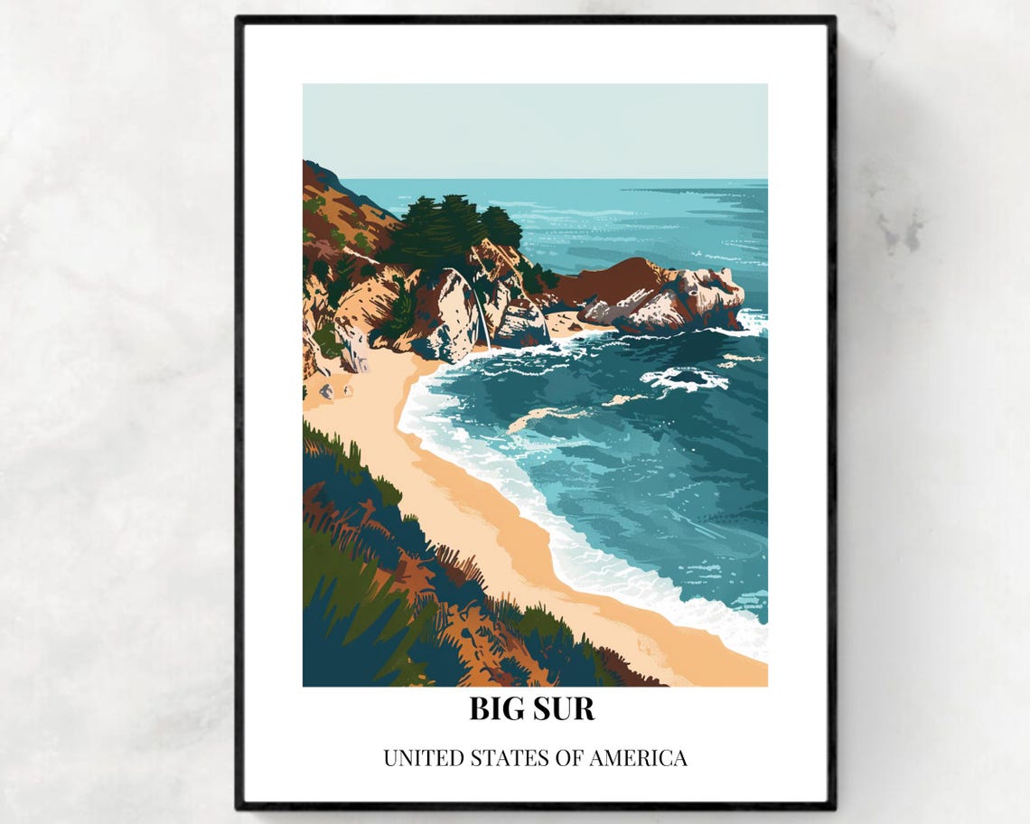 Big Sur California Pacific Coast Cliffs Cove View Retro Travel Poster
