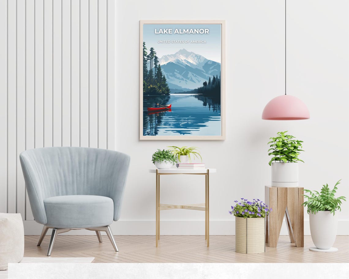 Lake Almanor Red Canoe Mirror Lake Mountain Classic Travel Poster - Image 2