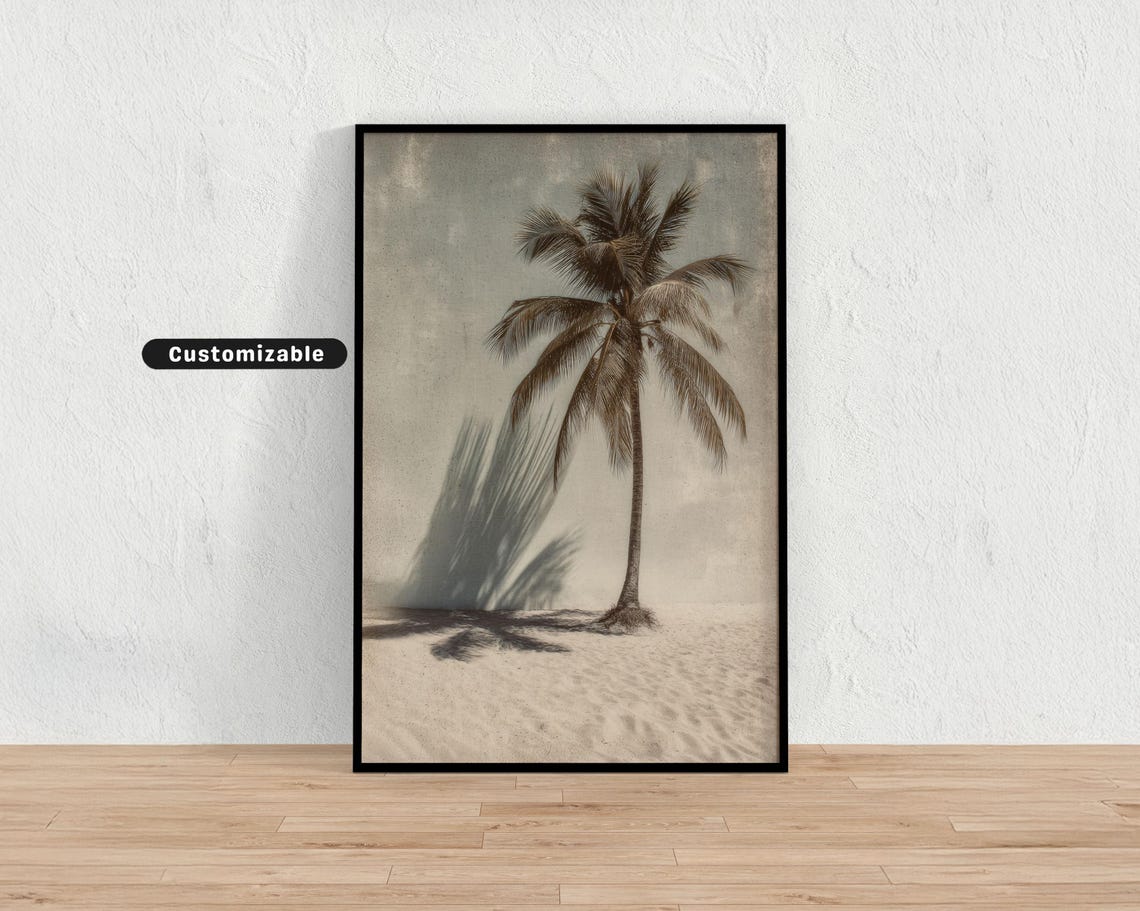 Vintage Palm Tree Shadow Stretching Over Warm Sand Sepia Photo Print