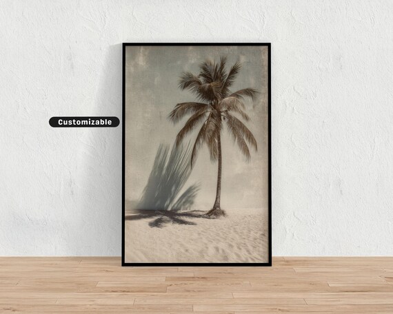 Vintage Palm Tree Shadow Stretching Over Warm Sand Sepia Photo Print