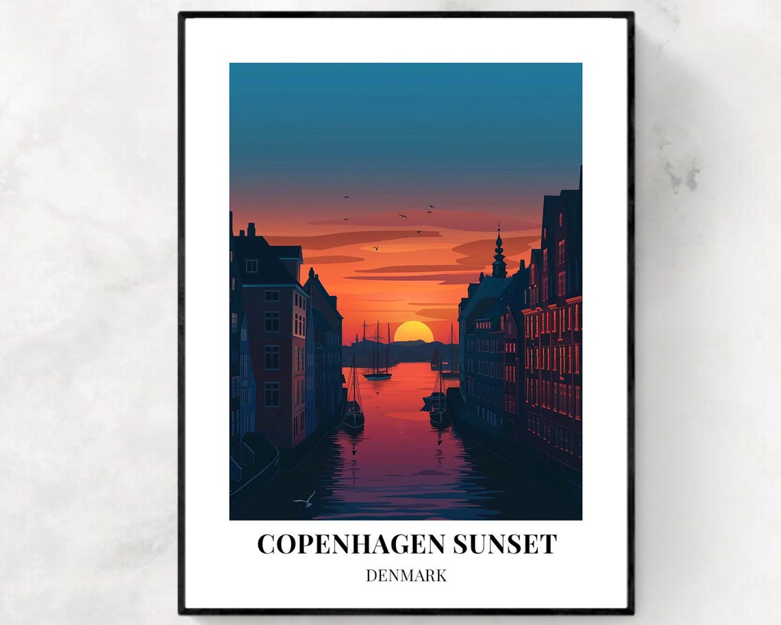 Copenhagen Sunset Denmark Dusk Canal Skyline Vintage Travel Poster