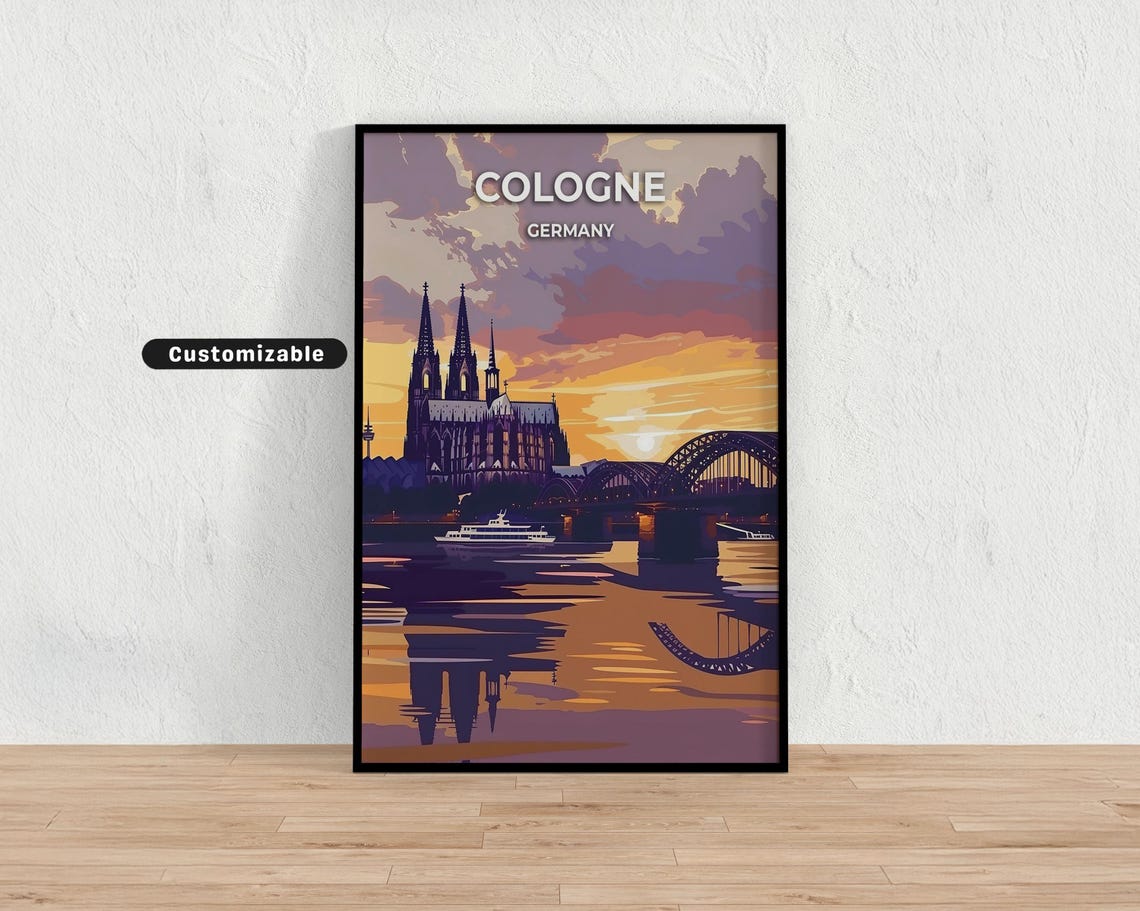 Cologne Germany Customizable Sunset Travel Poster Cathedral River Art