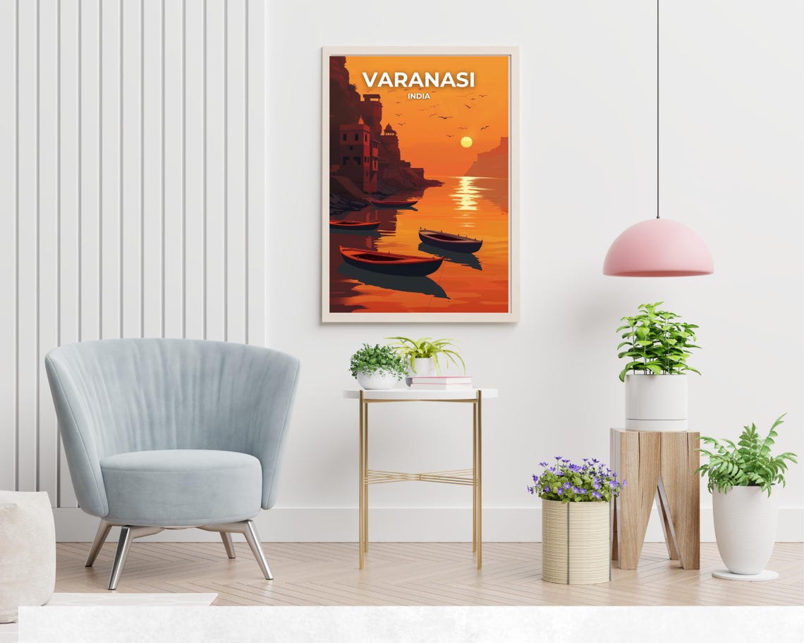Varanasi India Ganges Ghats Sunset Boats River Scene Travel Poster - Image 2