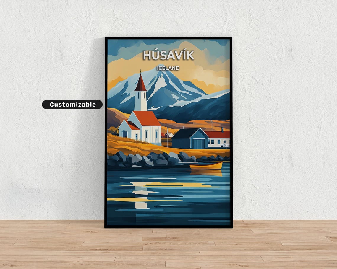 Husavik Iceland White Church Sunset Harbor Vintage Travel Poster