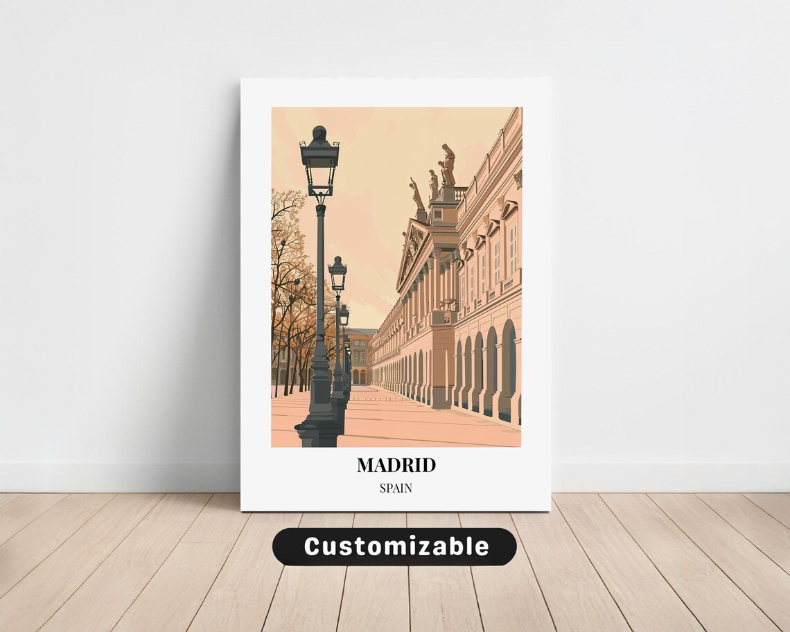 Madrid Spain Lamppost Palace Street Vintage Travel Art Poster