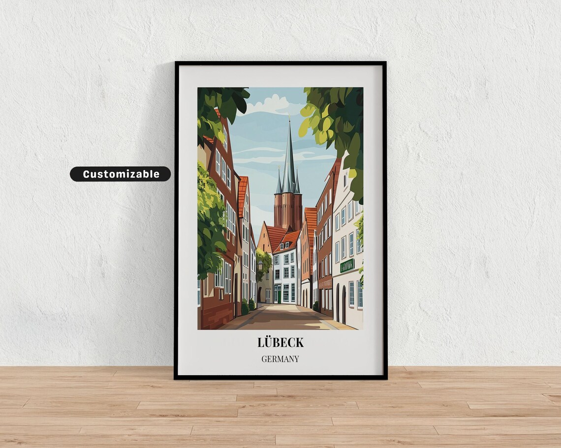 Lubeck Germany Medieval Street Church Spire Retro Travel Poster