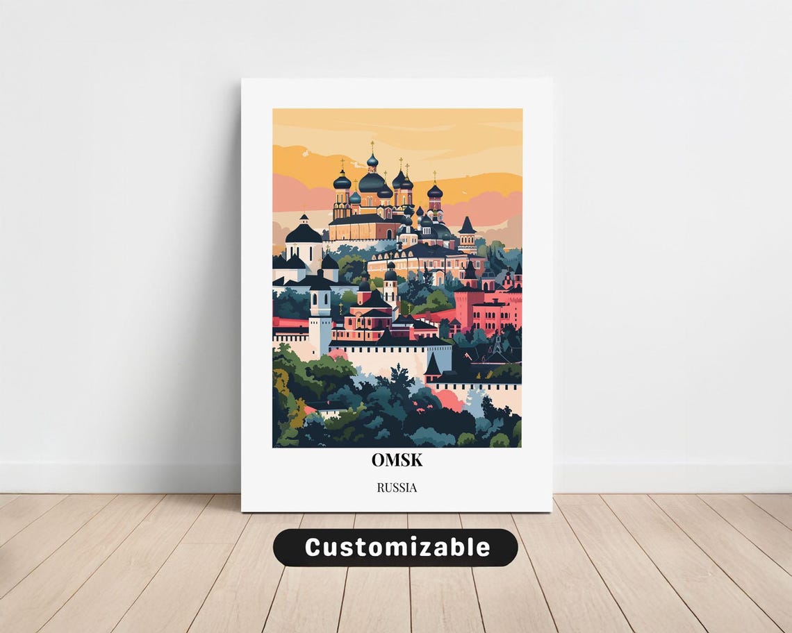 Omsk Russia Minimalist Monastery Sunset Flat Design Travel Poster